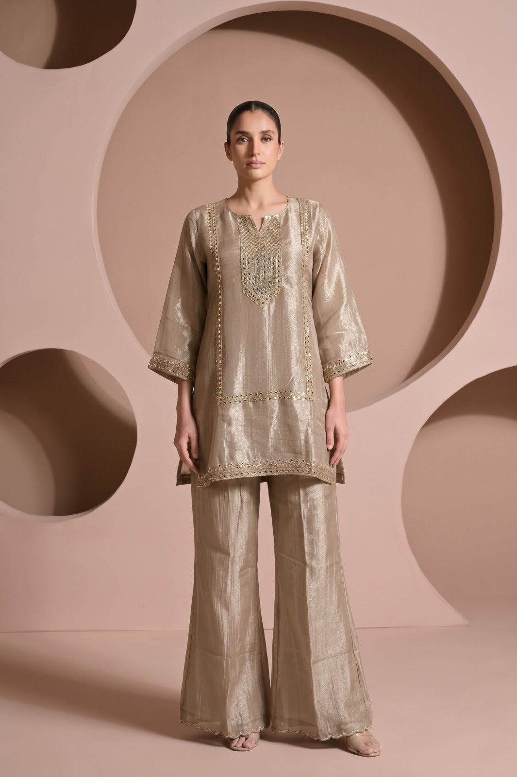 Champagne Gold Embellished Tissue Silk Palazzo Set