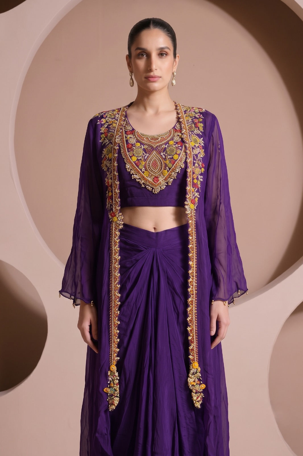 Velvet Purple Embellished Crepe Silk Skirt Set