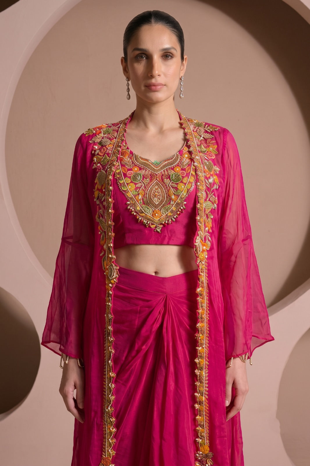 Royal Pink Embellished Crepe Silk Skirt Set