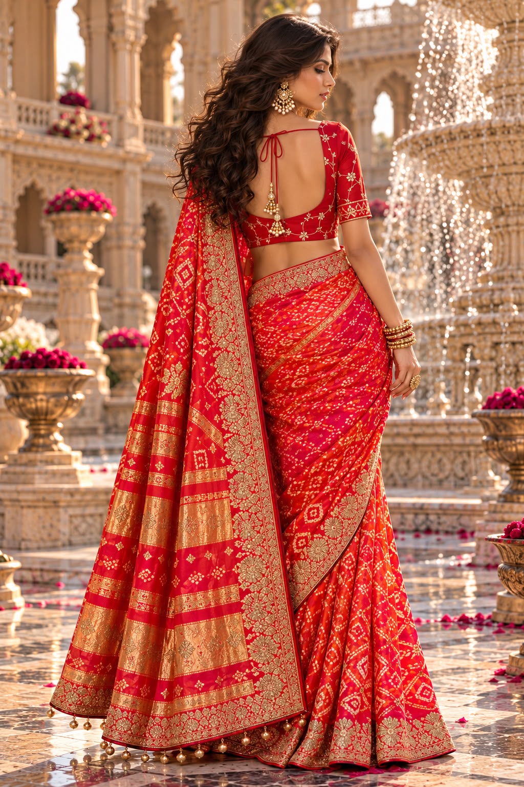 Red and Orange Zardozi Embroidered Bandhej Saree