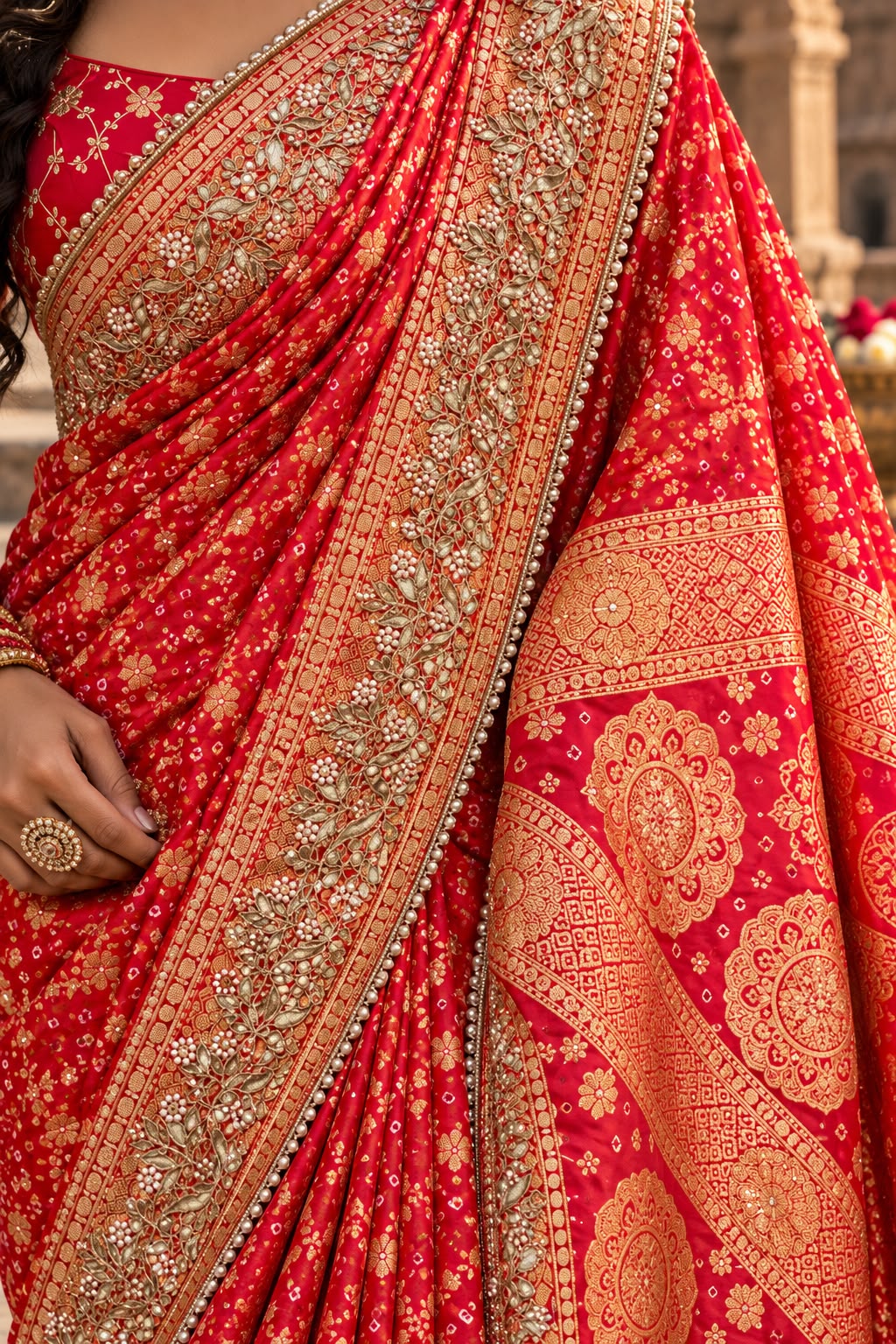 Red Pearl Embroidered Bandhej-Inspired Zari Saree