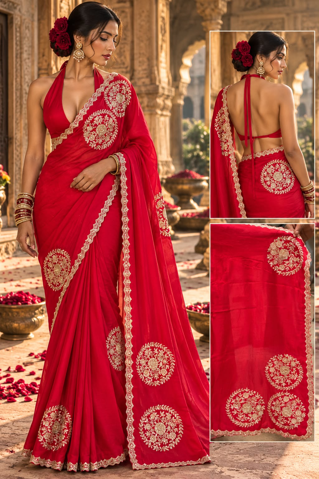 Red Floral Medallion Embroidered Crepe Silk Saree