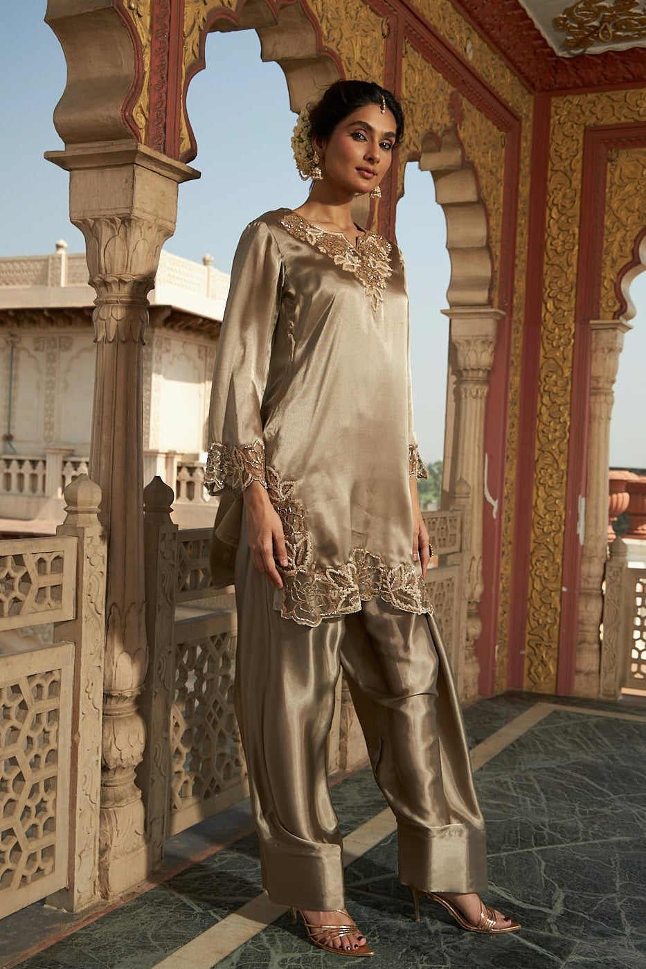 Mettalic Grey Embellished Giraffe Silk Farshi Salwar Set