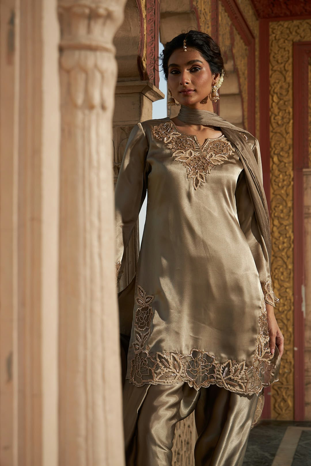 Mettalic Grey Embellished Giraffe Silk Farshi Salwar Set