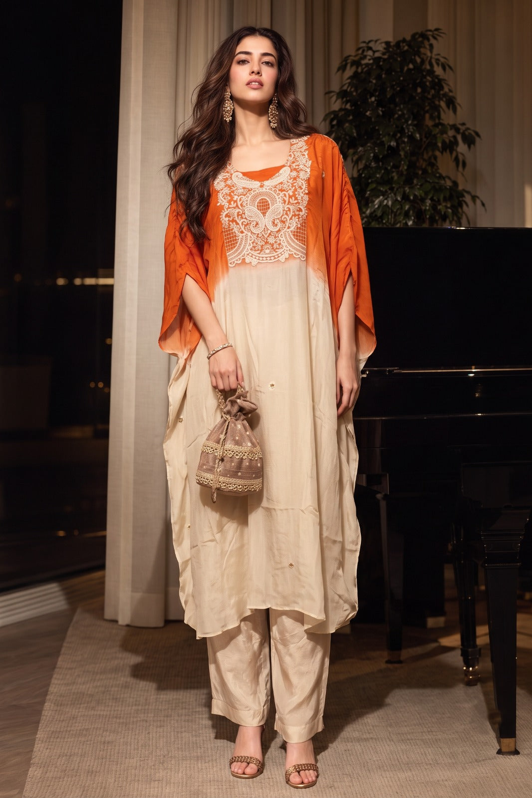 Bright Orange Embellished Chinon Silk Kaftan Set