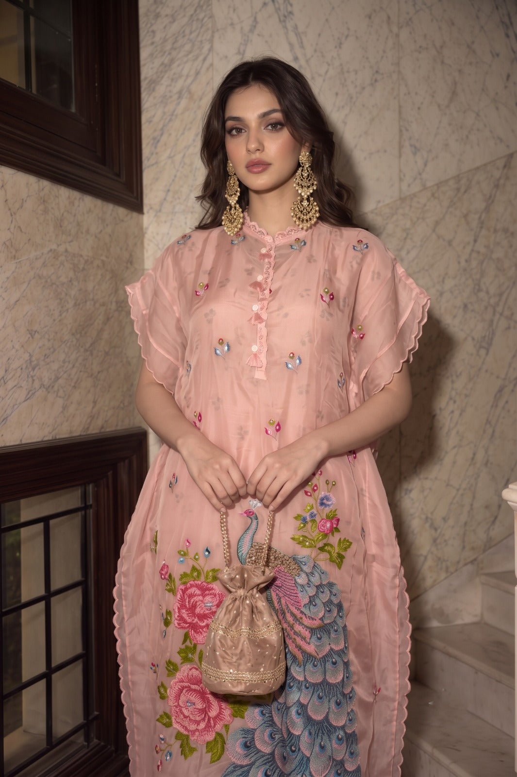 Soft Pink Embellished Tissue Silk Kaftan Set