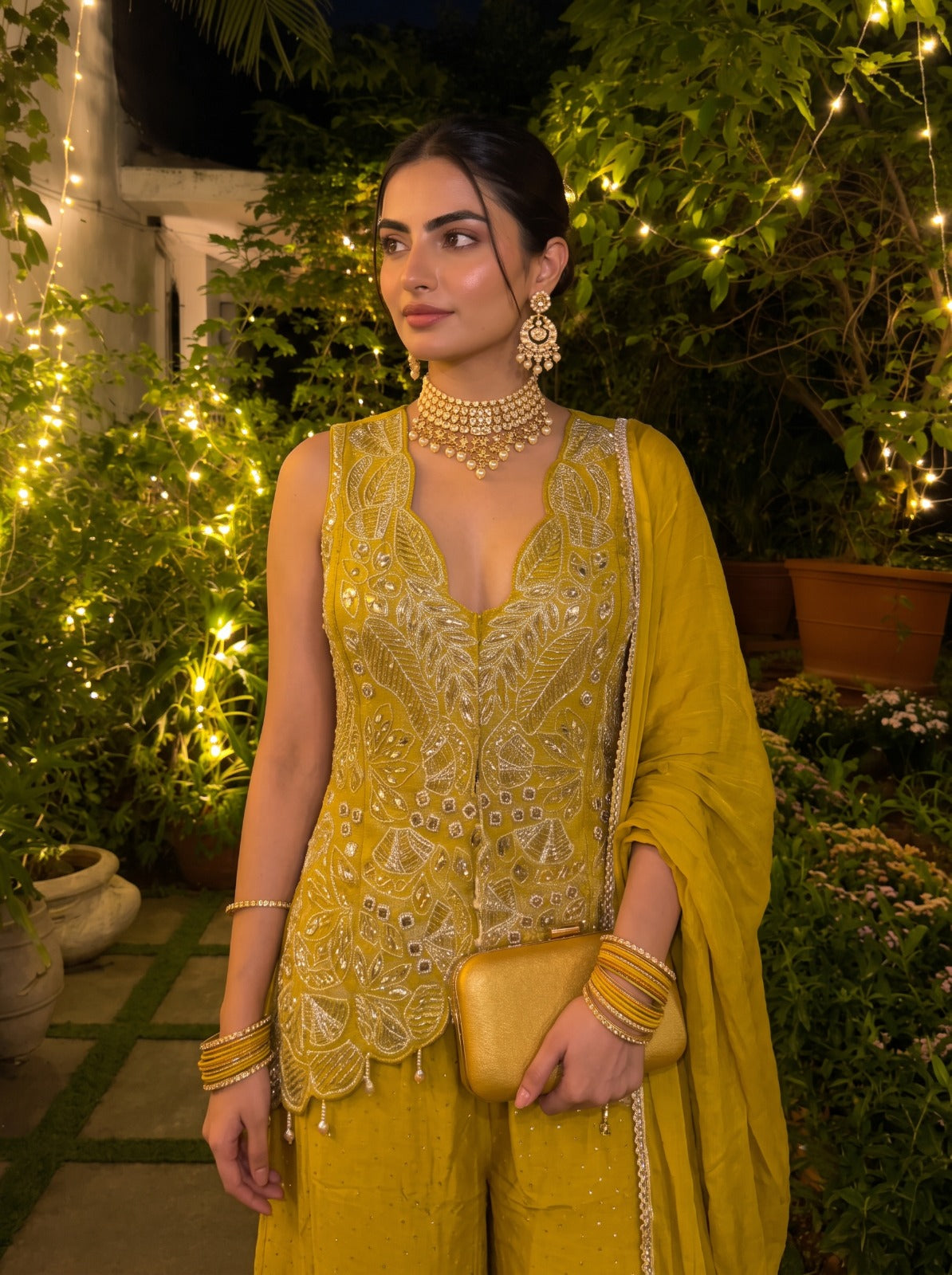 Mustard Yellow Embellished Raw Silk Palazzo Set