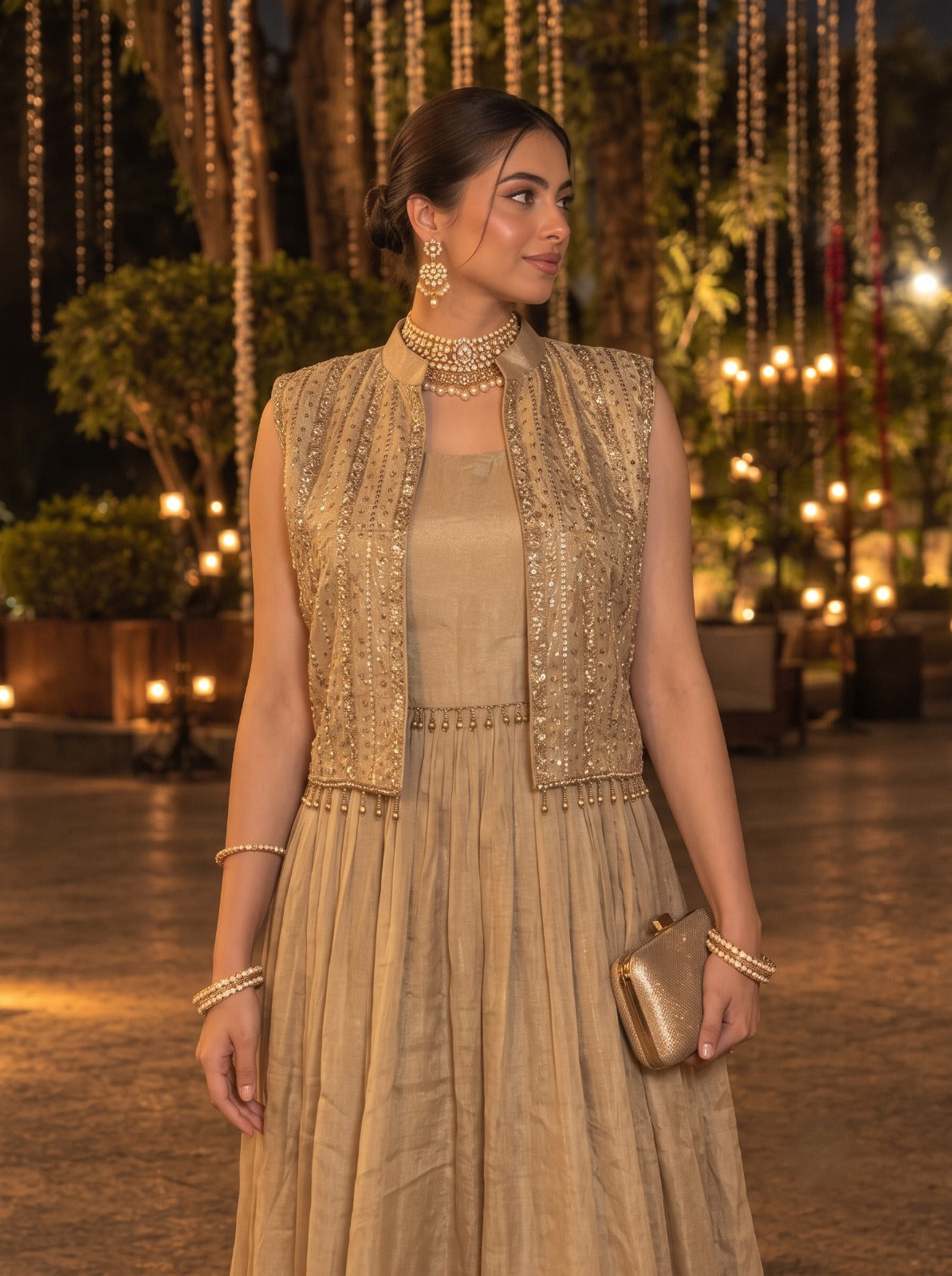 Metallic Gold Embellished Shimmer Silk Anarkali Set