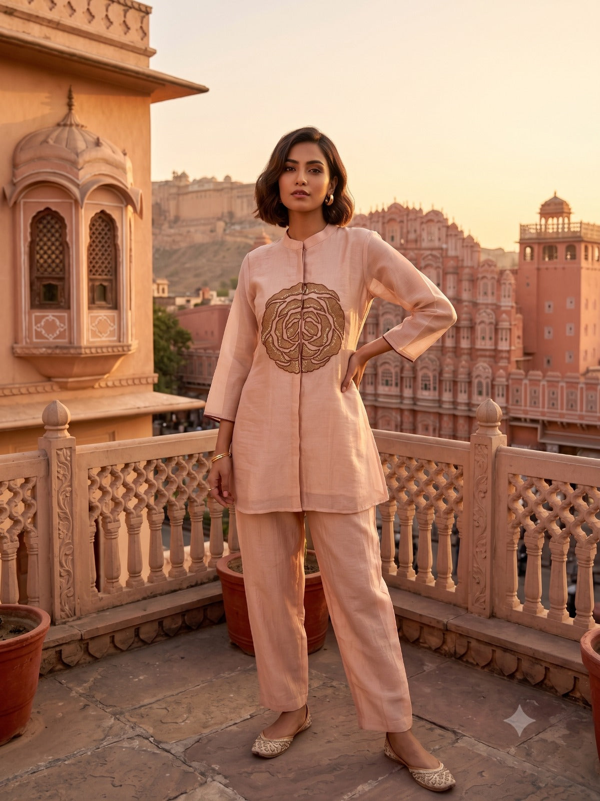 Chic Blush Pink Embellished Tissue Silk Pant Set