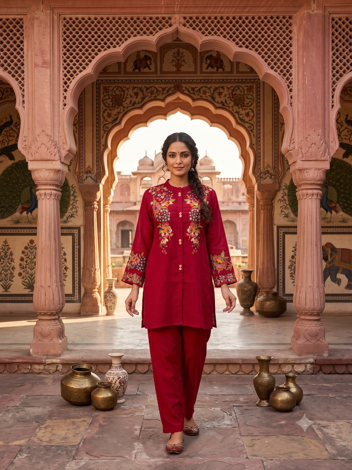 Rich Maroon Embroidered Silk Pant Set