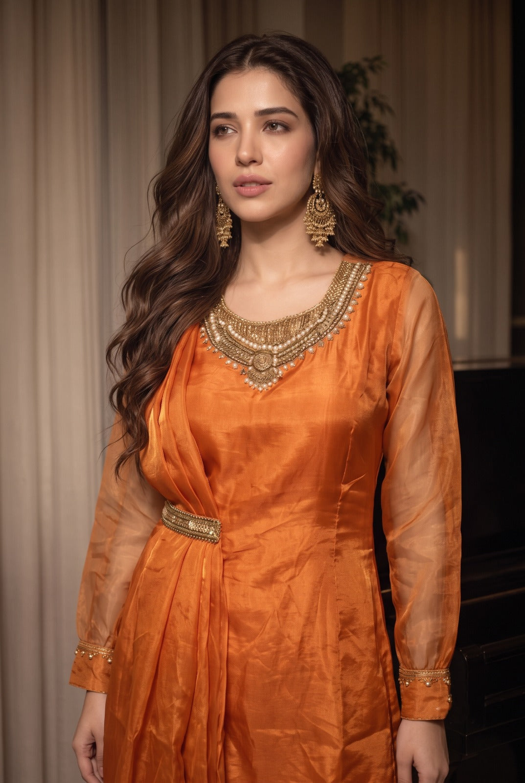 Rust Orange Embellished Shimmer Silk Co-Ord Set