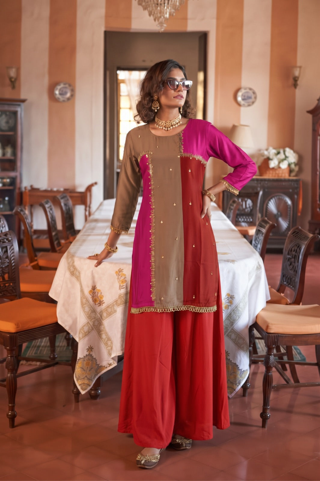 Multi-color Rust  Embellished Silk Palazzo Set