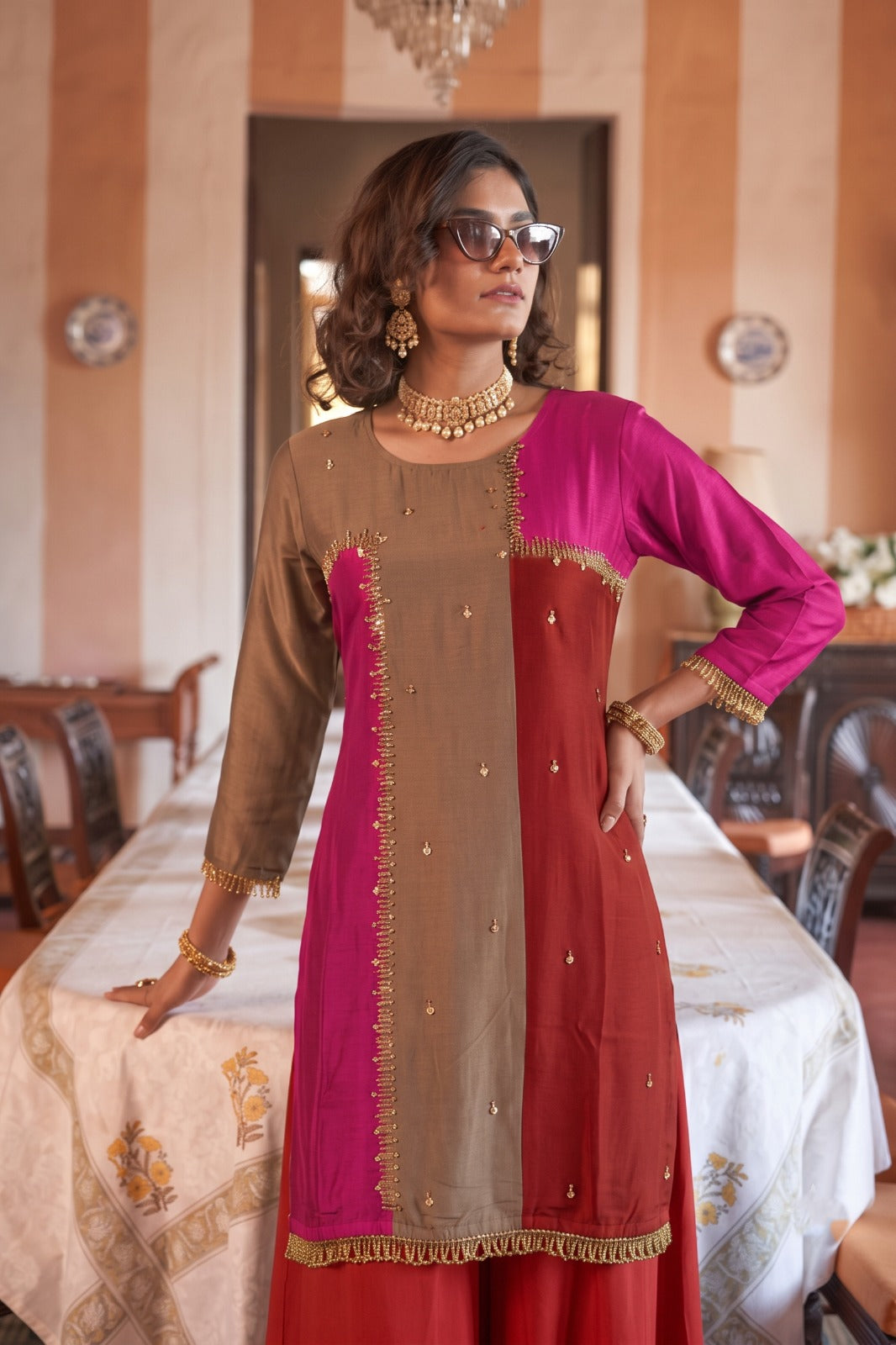 Multi-color Rust  Embellished Silk Palazzo Set