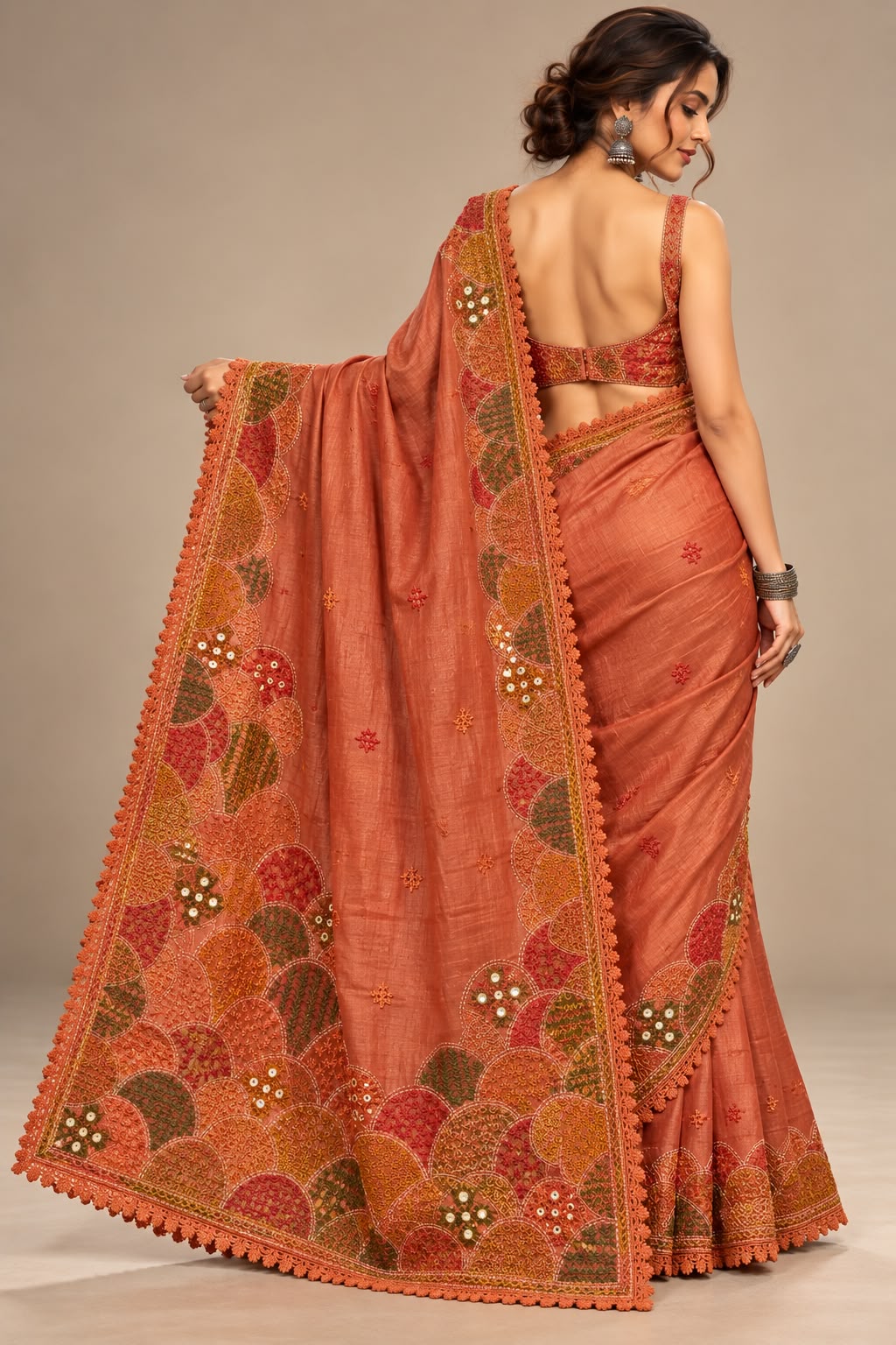 Rust Terracotta Hand-Embroidered Tussar Silk Saree