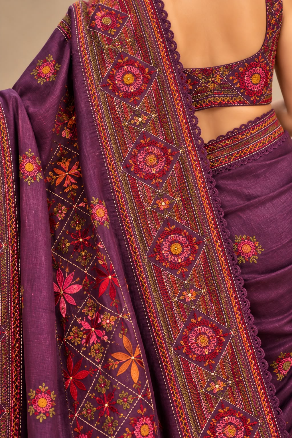 Royal Plum Hand-Embroidered Tussar Silk Saree