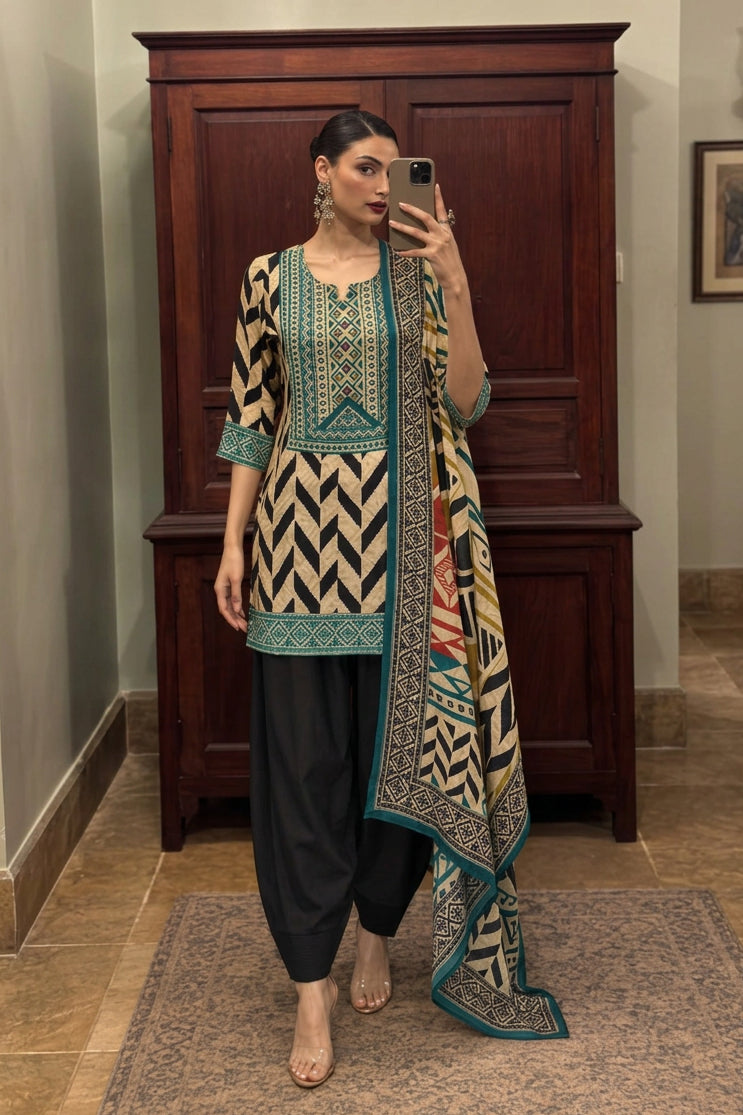 Black Geometric Chevron Pure Crepe Salwar Set