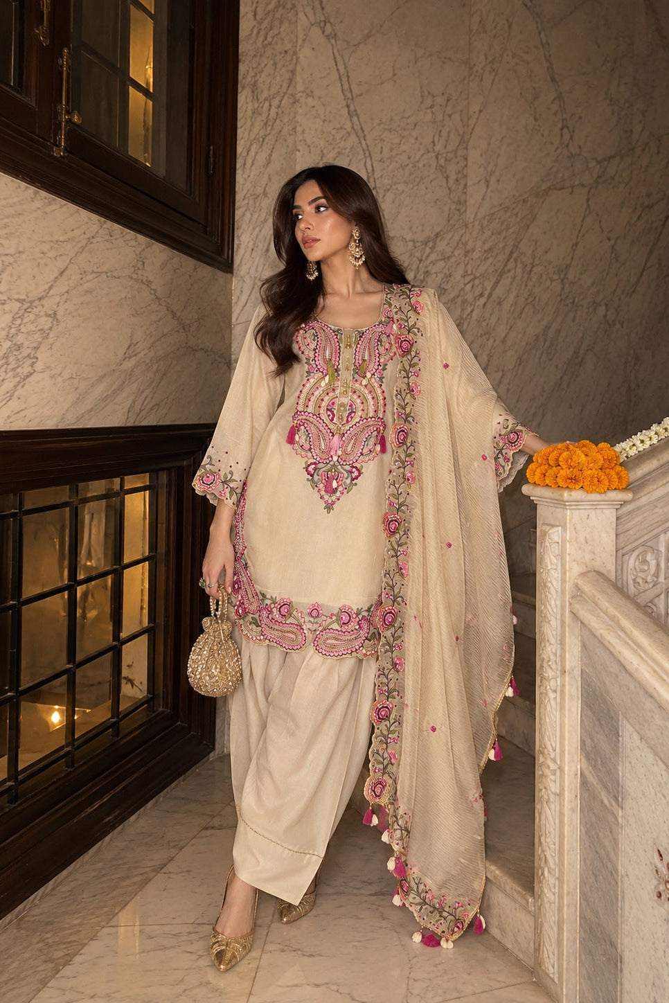 Cream Gold Embellished Shimmer Silk Salwar Set