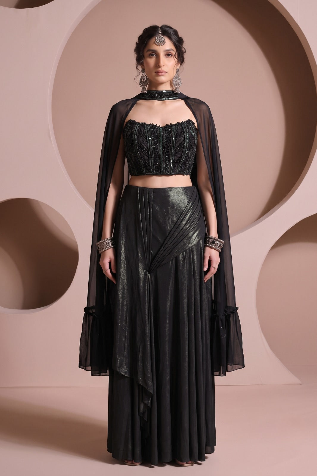 Emerald Green Embellished Spandex Skirt Set