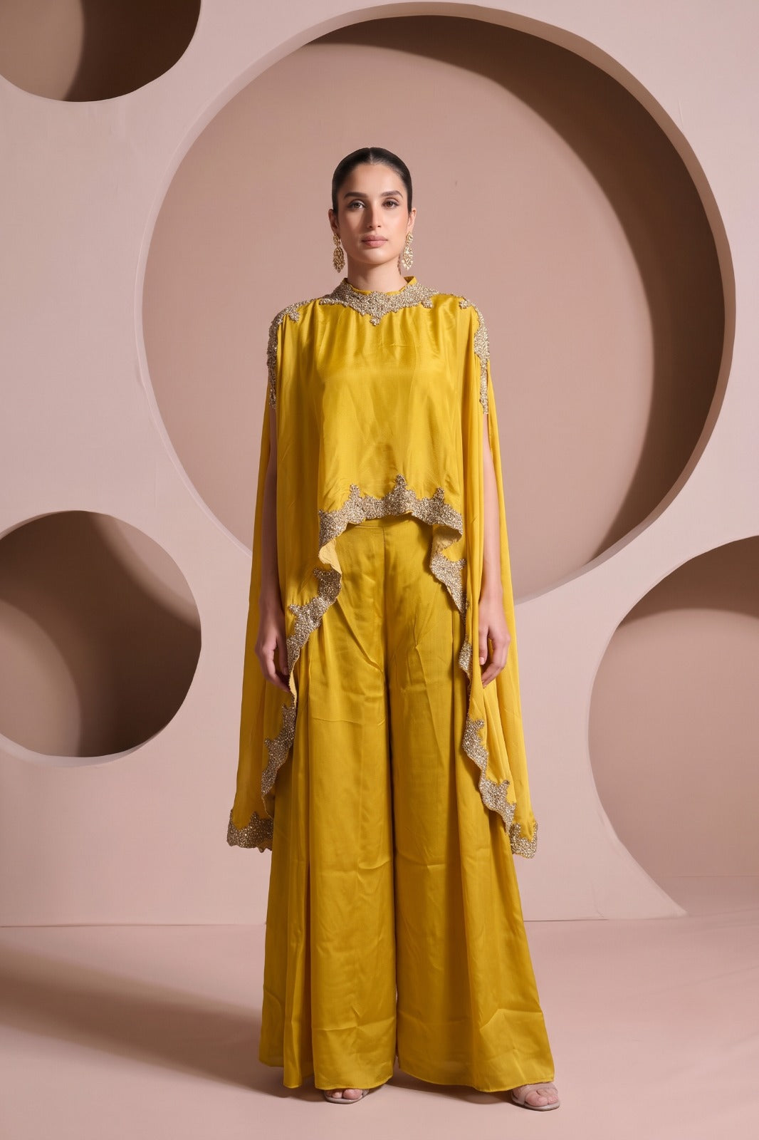 Bright Yellow Embellished Chinon Silk Palazzo Set