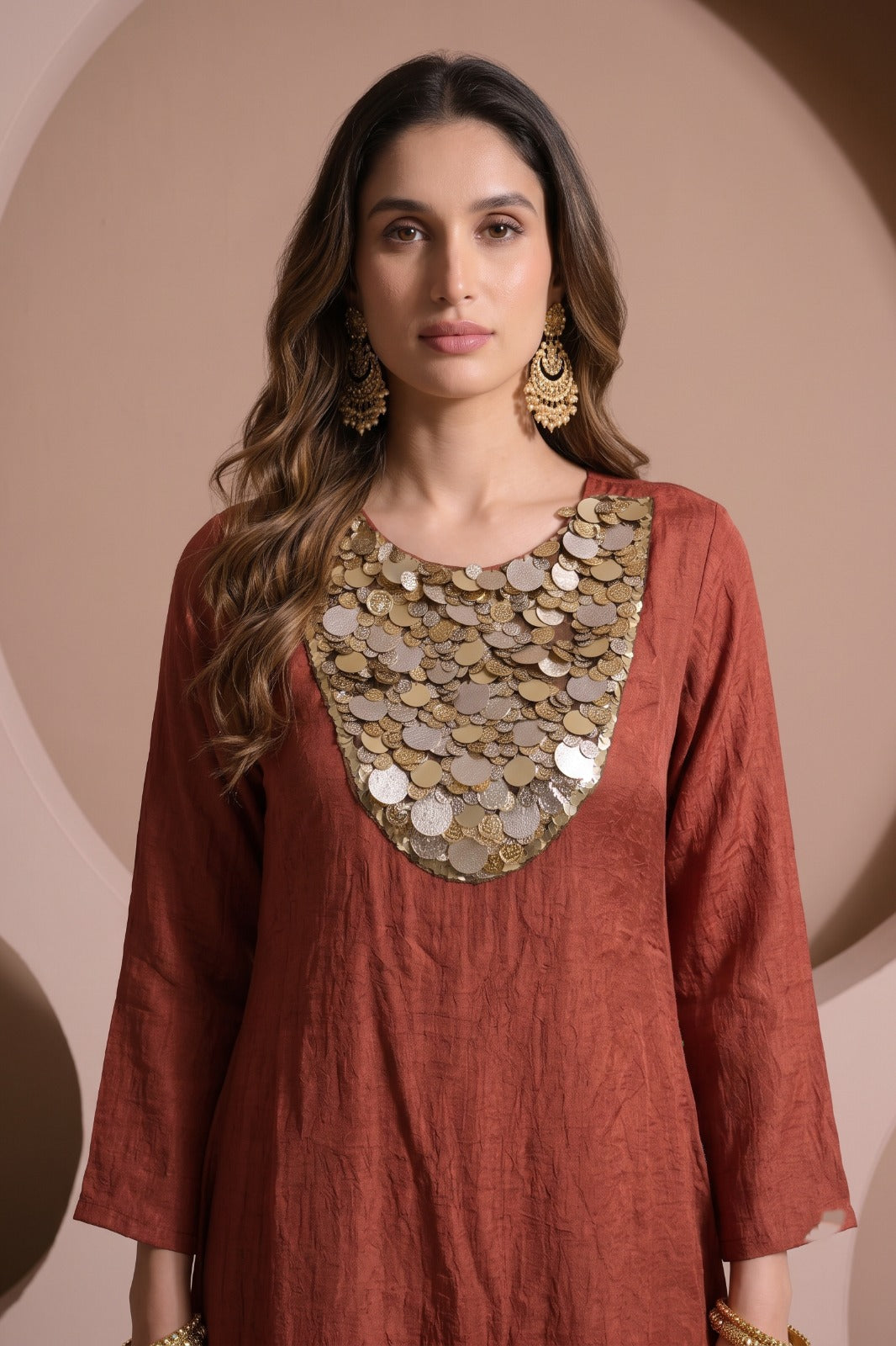 Rust Orange Embellished Crushed Silk Palazzo Set