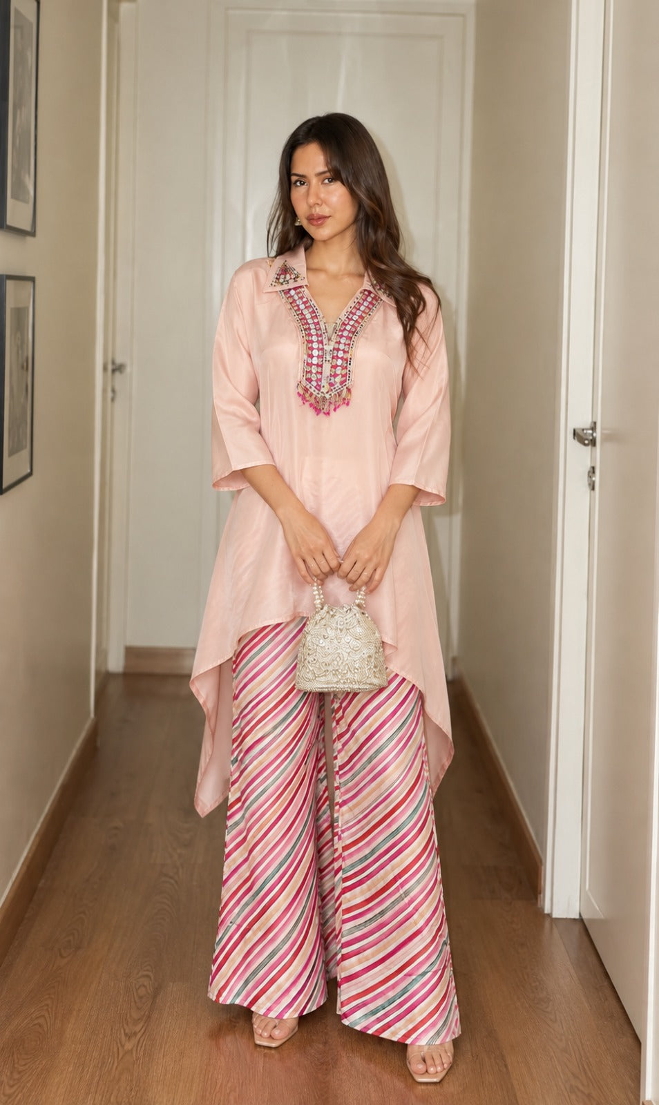 Light Pink Embellished Crepe Silk Co-ord Set