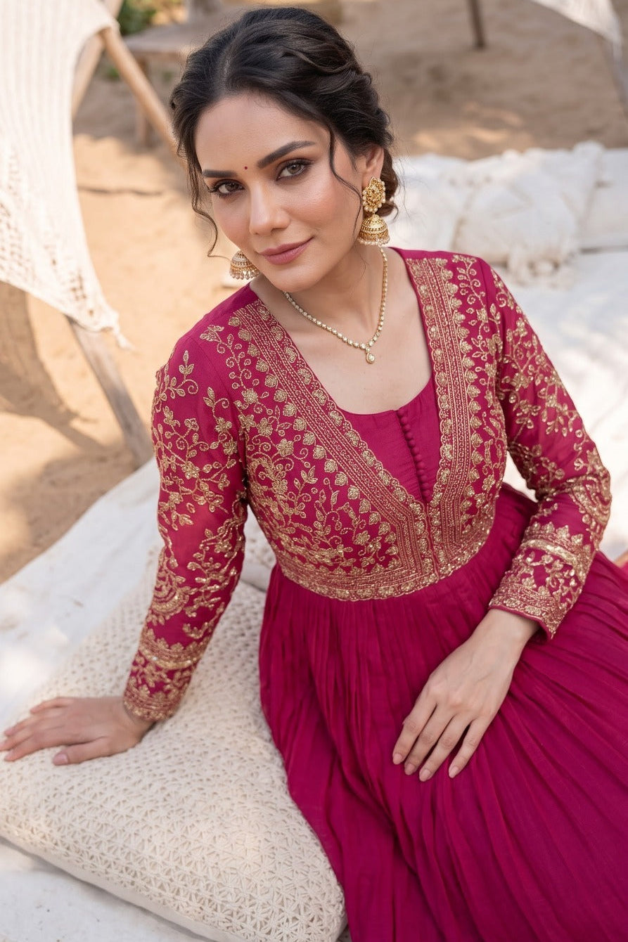 Magents Pink Embellished Chinon Silk Anarkali Set