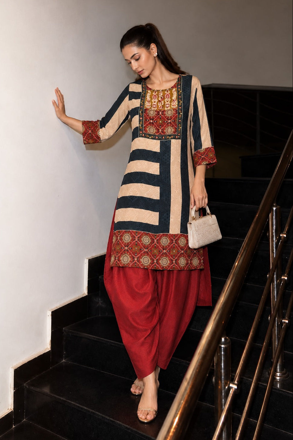 Maroon Embellished Crepe Silk Salwar Set