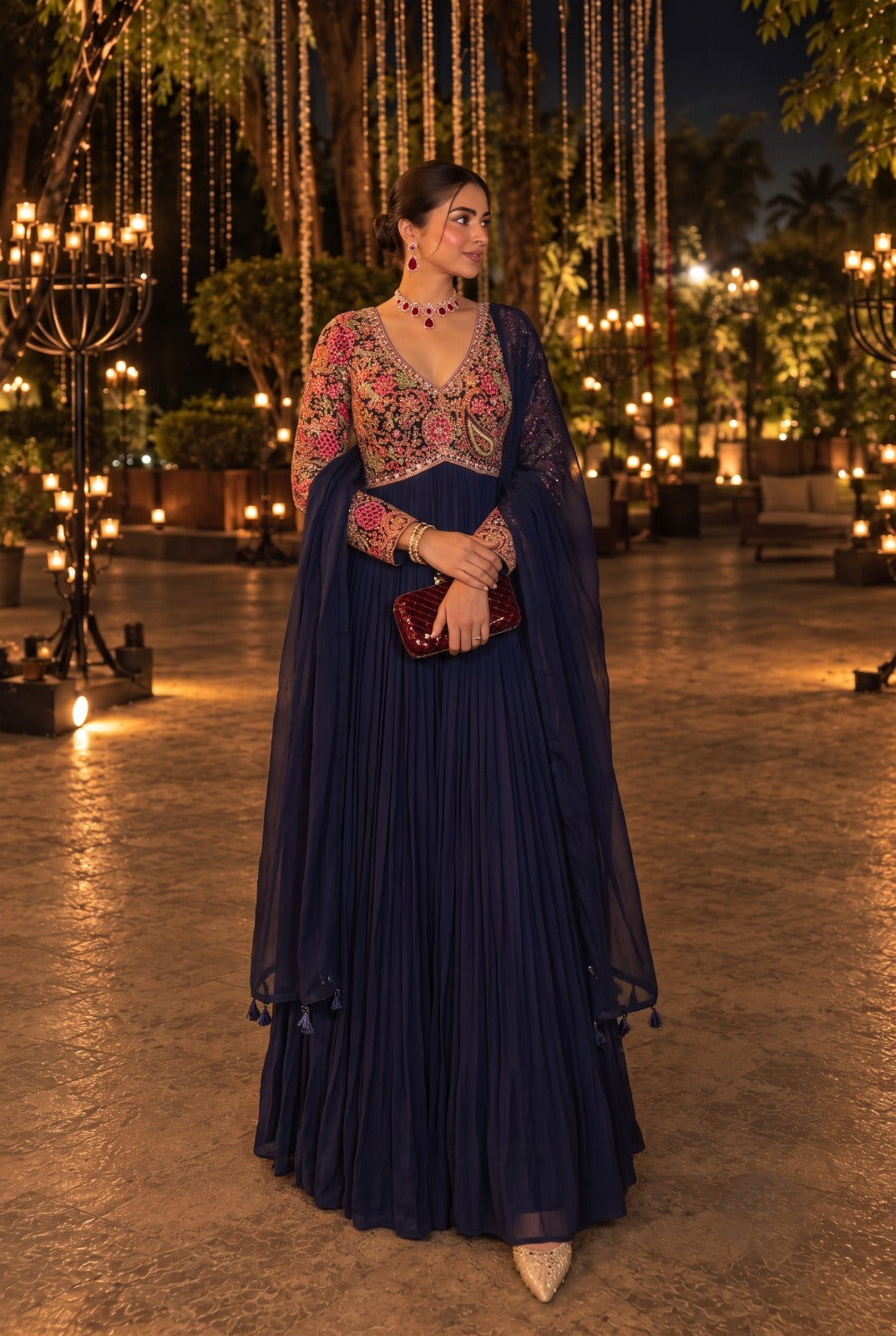 Midnight Navy Blue Embellished Georgette Silk Anarkali Set