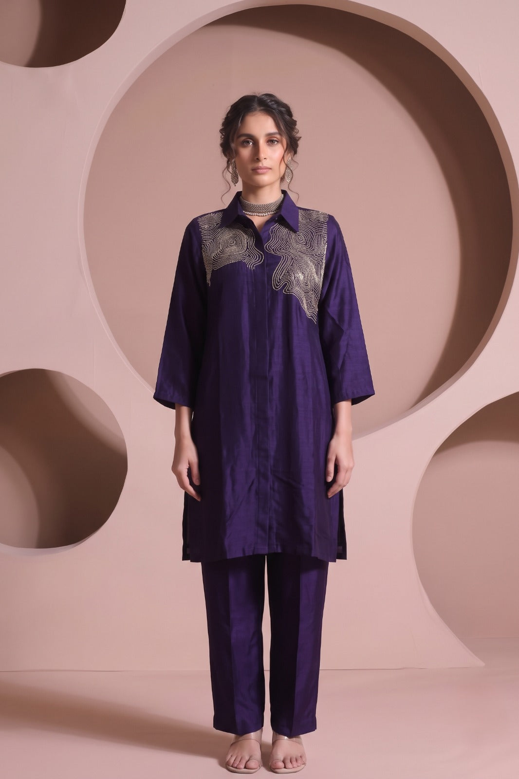 Deep Violet Embellished Raw Silk Pant Set