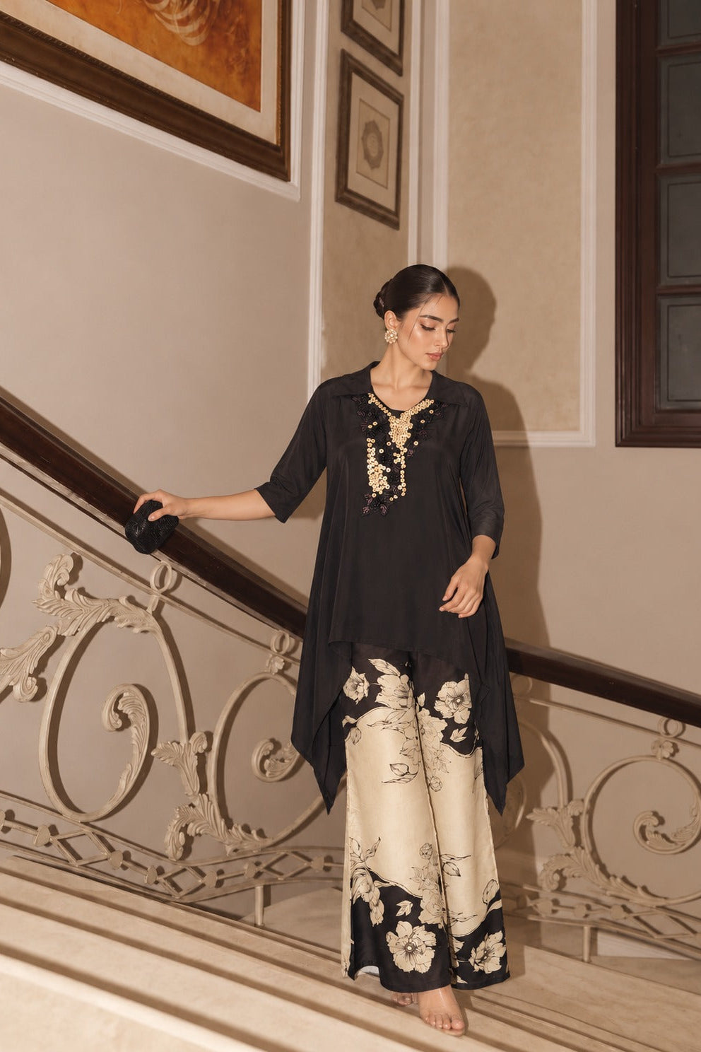 Black & Off-White Embellished Crepe Silk Palazzo Set