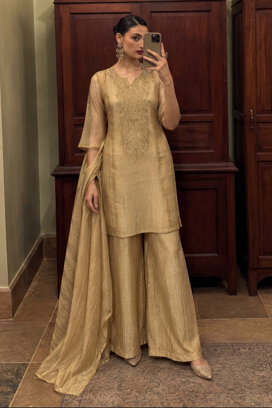 Metallic Gold Embellished Tissue Silk Palazzo Set