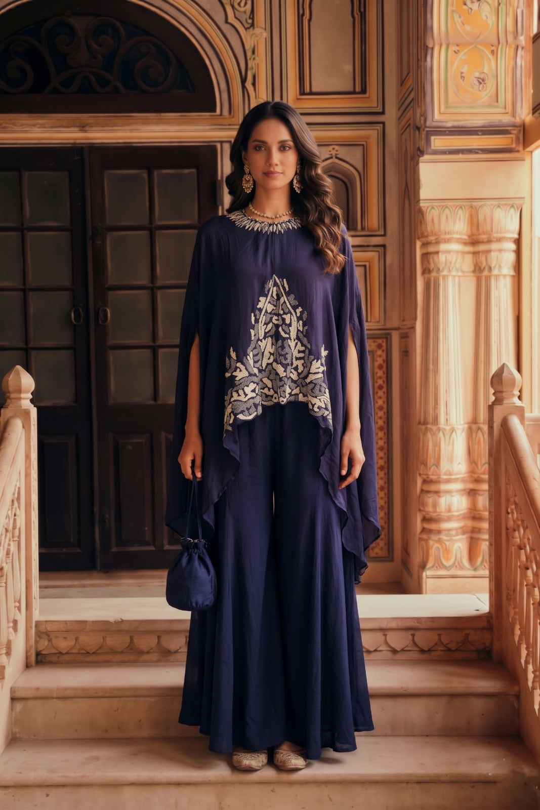 Deep Royal Purple Embellished Raw Silk Kaftan Set