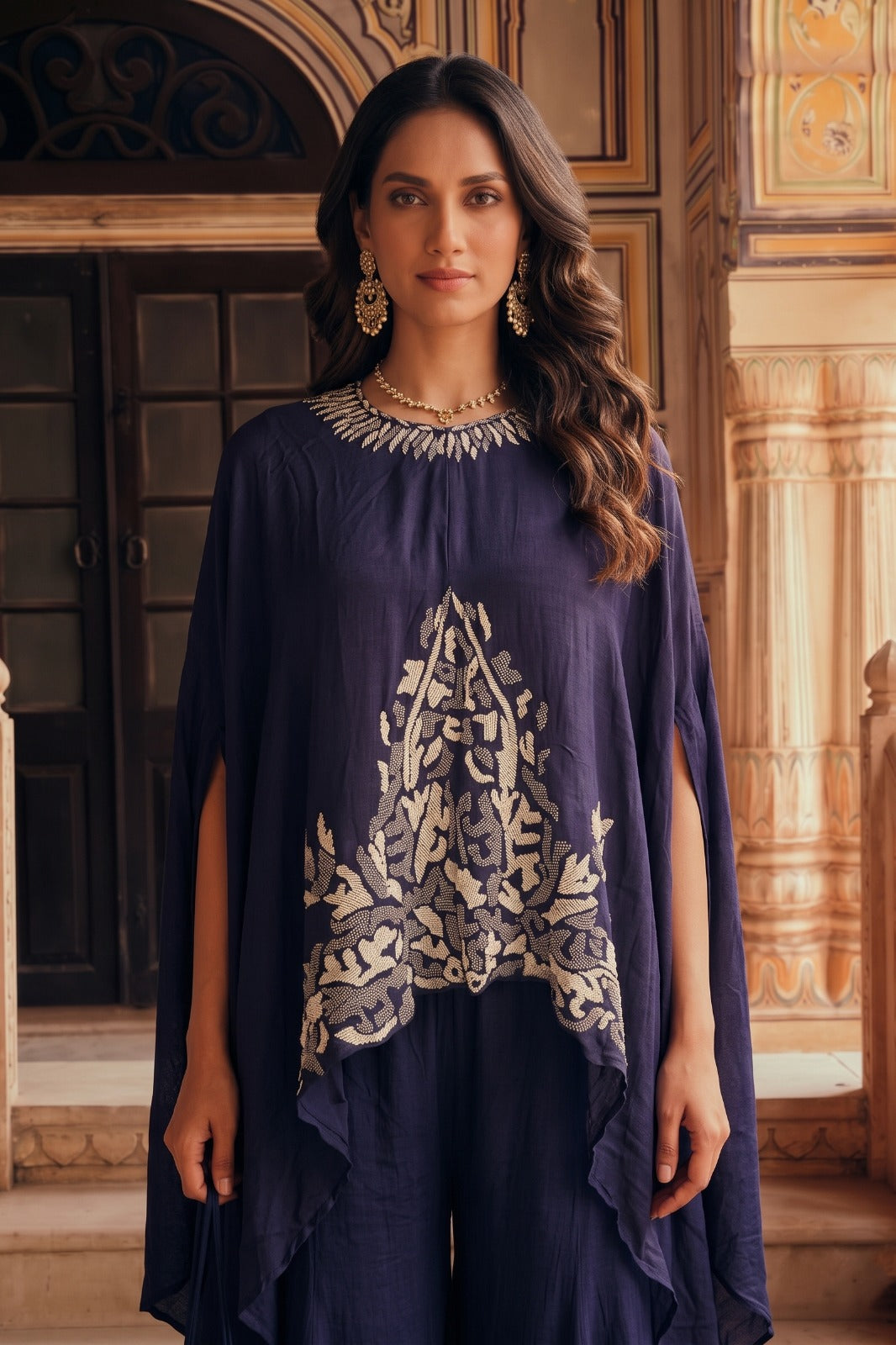 Deep Royal Purple Embellished Raw Silk Kaftan Set