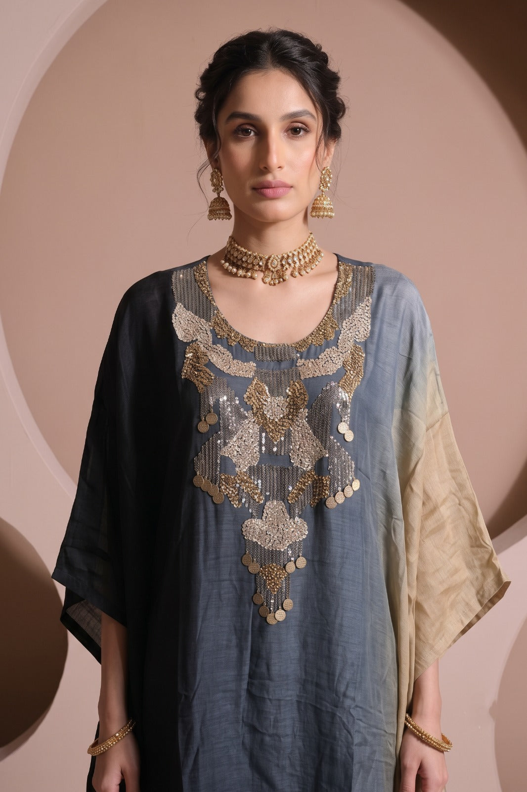 Slate Blue Embellished Raw Silk Kaftan Set