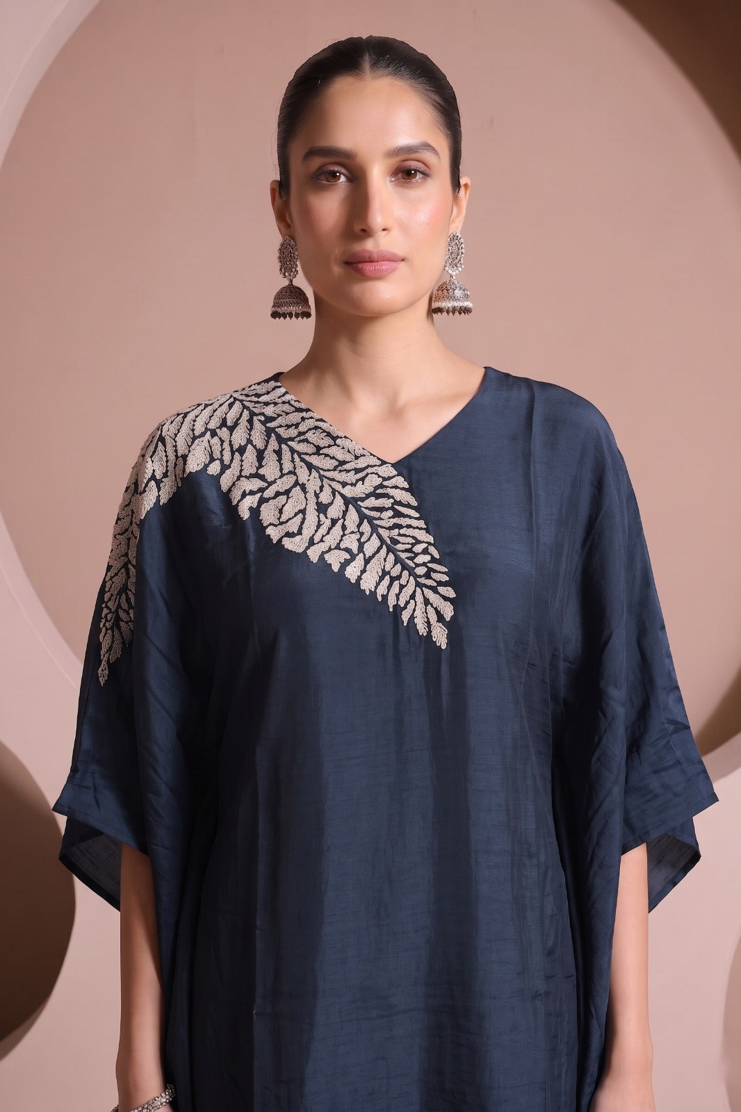 Peacock Teal Blue Embellished Raw Silk Kaftan Set