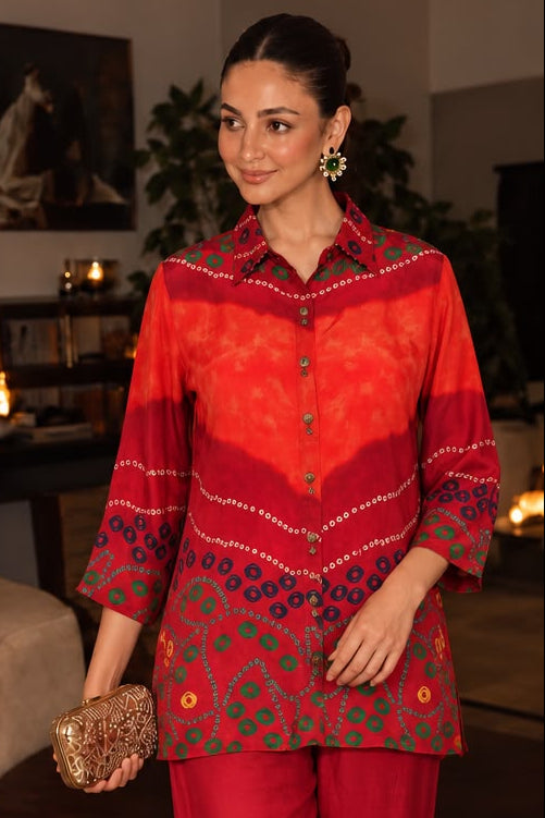 Vibrant Orange Printed Crepe Silk Co-ord Set