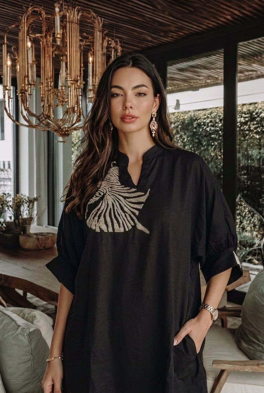 Rich Black Embellished Raw Silk Pant Set