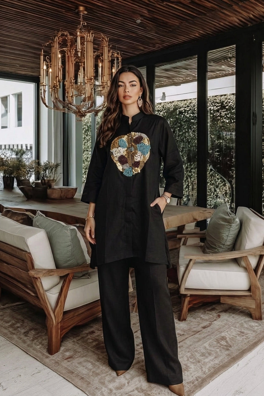 Royal Black Embellished Raw Silk Pant Set