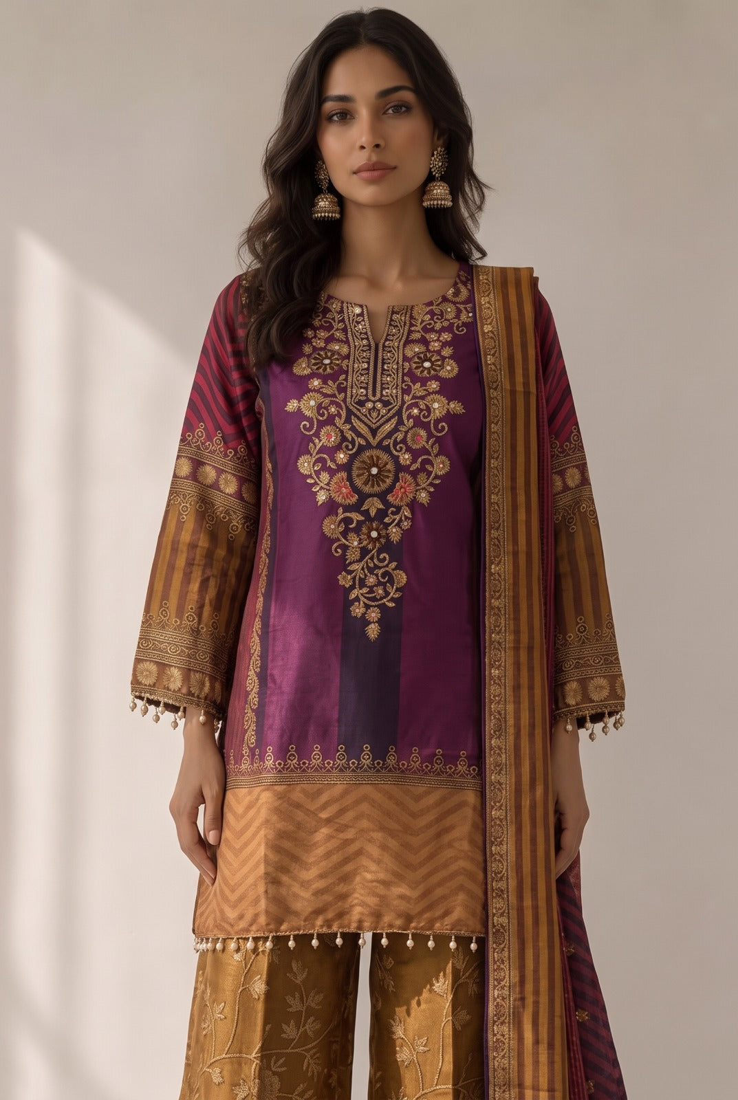 Royal Purple Embellished Crepe Silk Palazzo Set