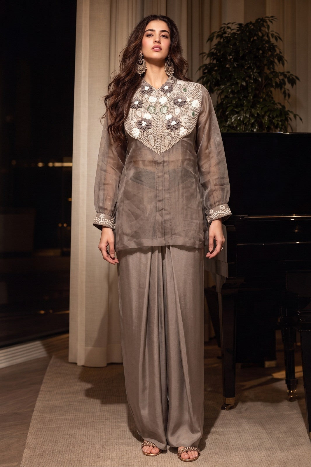 Taupe Grey Embellished Organza Silk Skirt Set