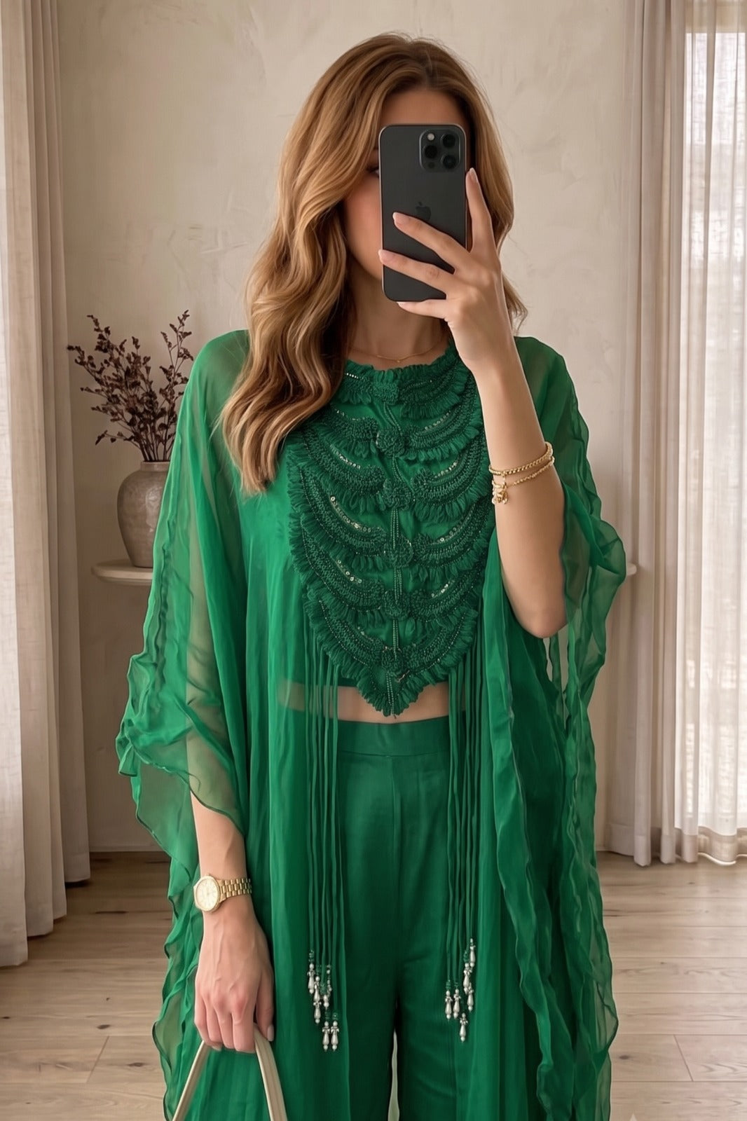 Emerald Green Embellished Organza Silk Kaftan Set