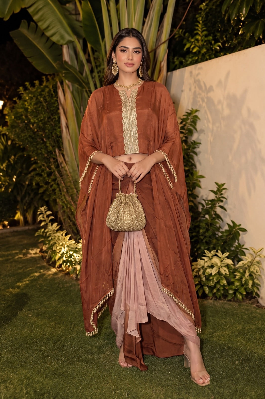 Rich Terracotta Brown Embellished Crepe Silk Skirt Set