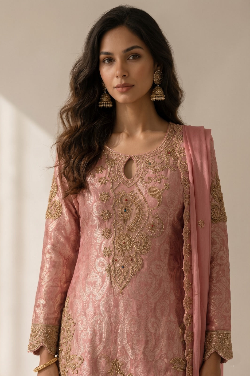 Dusty Rose Pink Embellished Brocade Silk Salwar Set