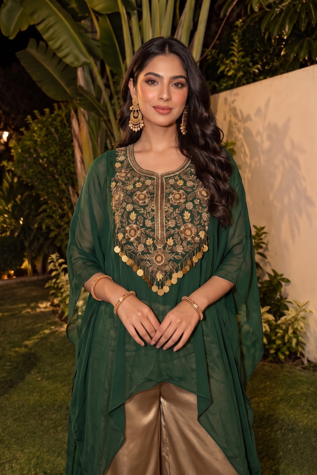 Forest Green Embellished Organza Silk Kaftan Set