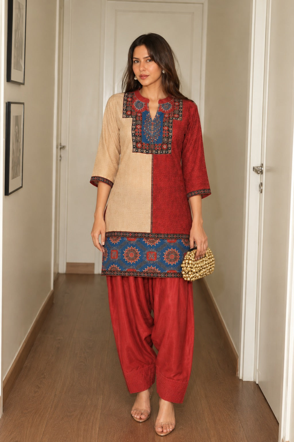 Deep Maroon Printed Crepe Silk Salwar Set