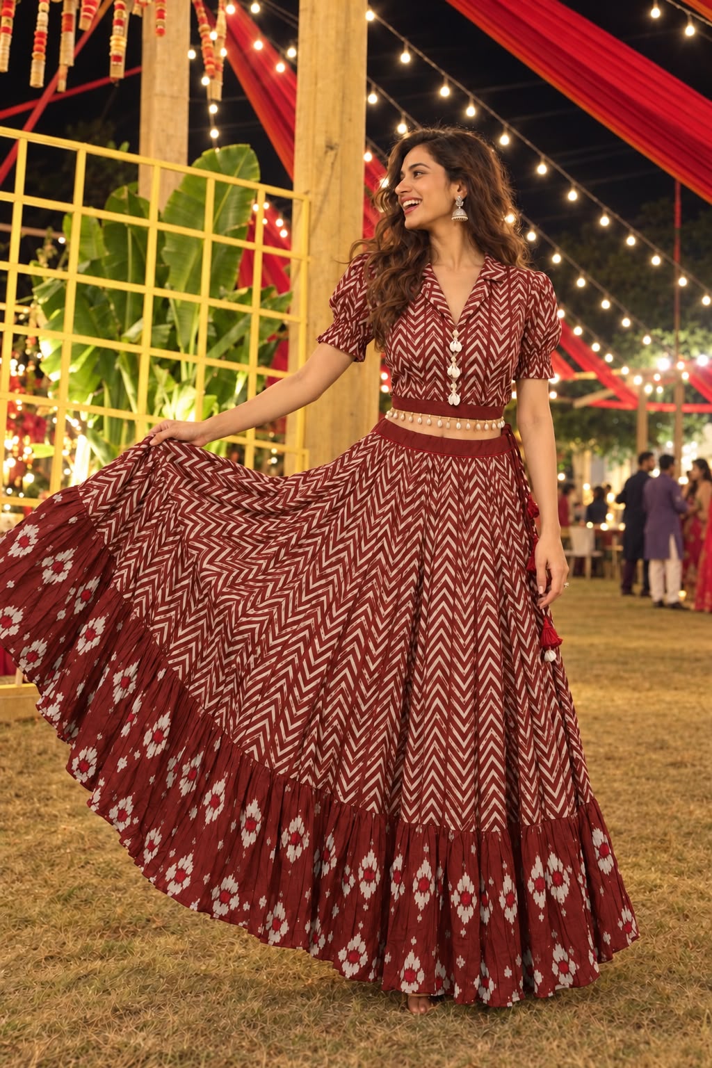 Rust Brown Printed Mul Cotton Skirt Set