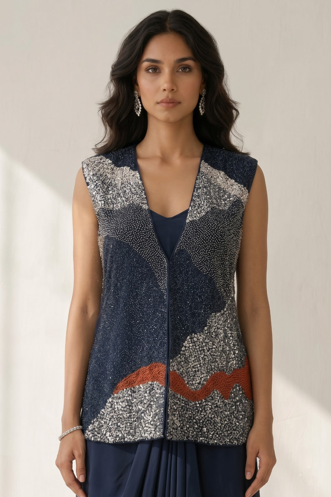 Navy Blue Embellished Crepe Satin Silk Skirt Set