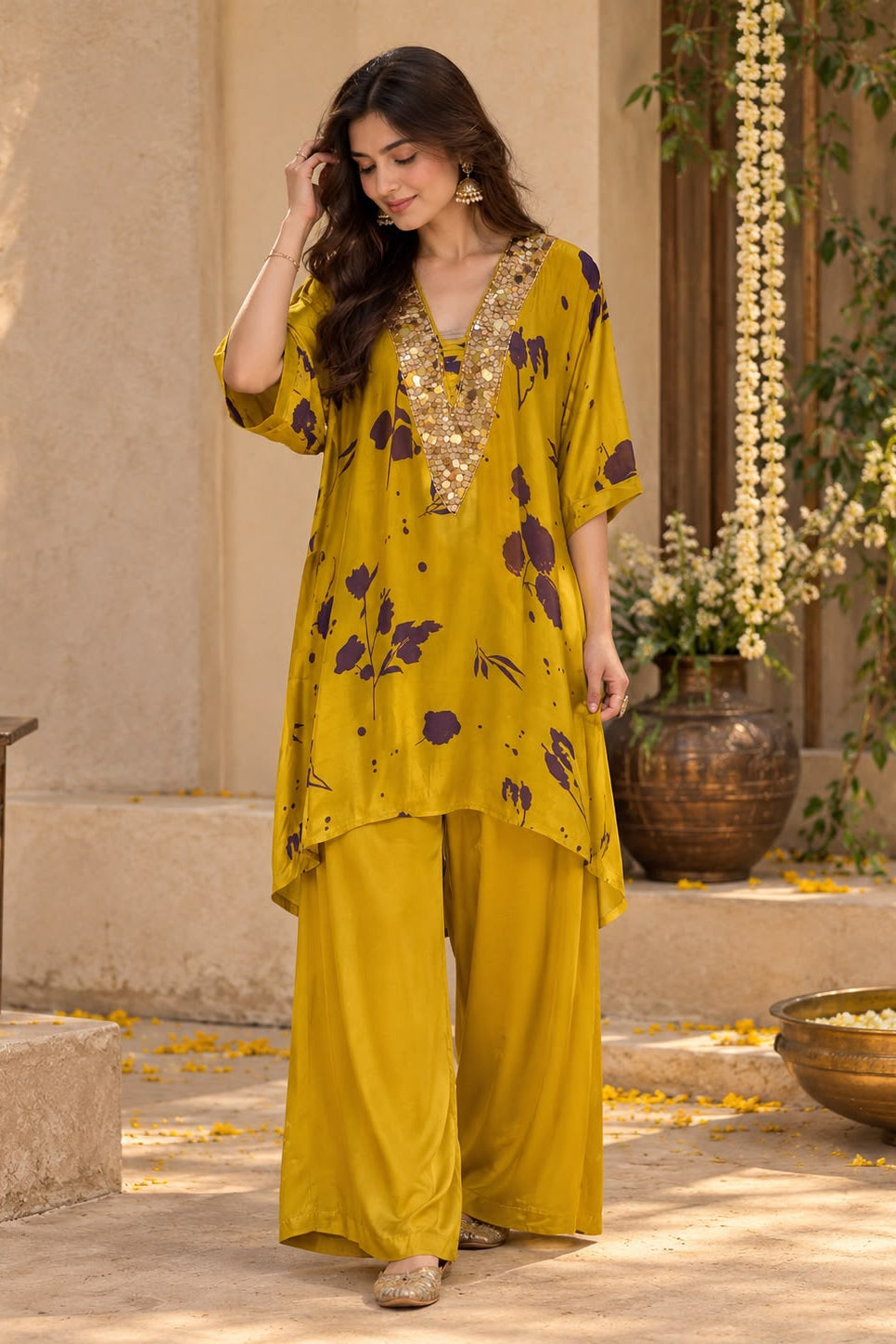 Ochre Mustard Embellished Crepe Silk Palazzo Set