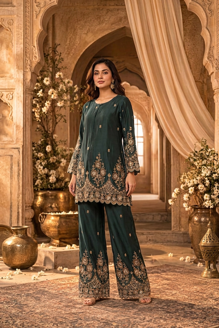 Emerald Green Embellished Crepe Silk Palazzo Set