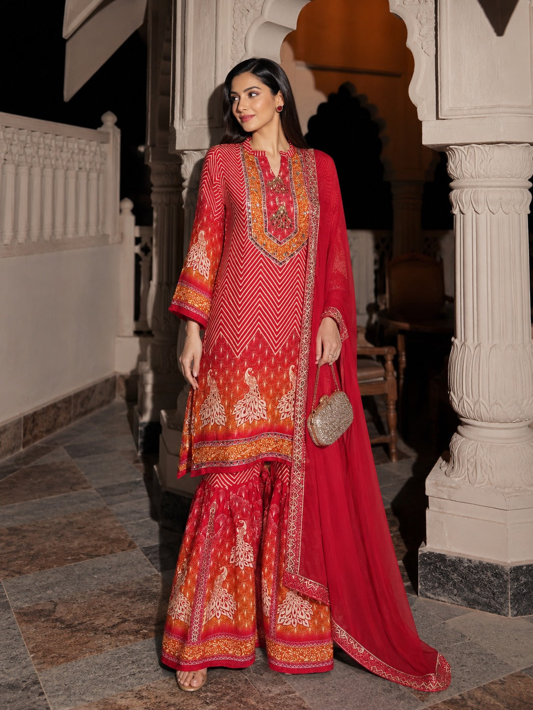 Fuchsia Red Embellished Crepe Silk Sharara Set